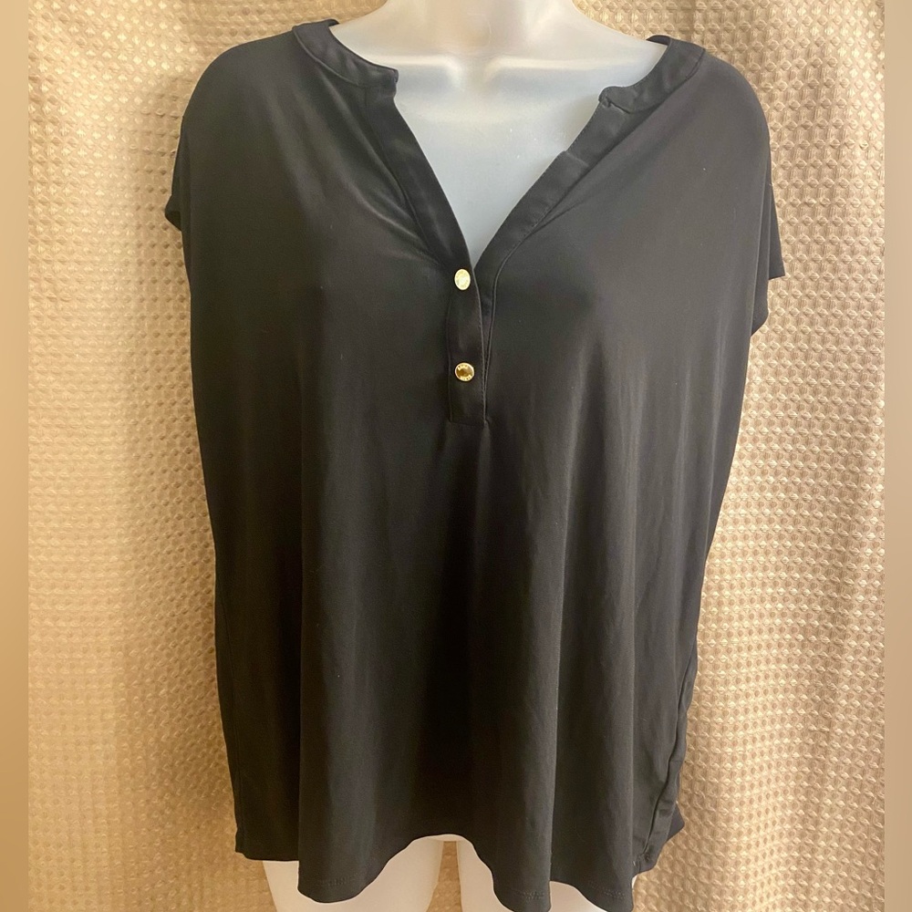 Anne Klein Women’s Capped Sleeve Split Neck Black Top w/Decorative Buttons